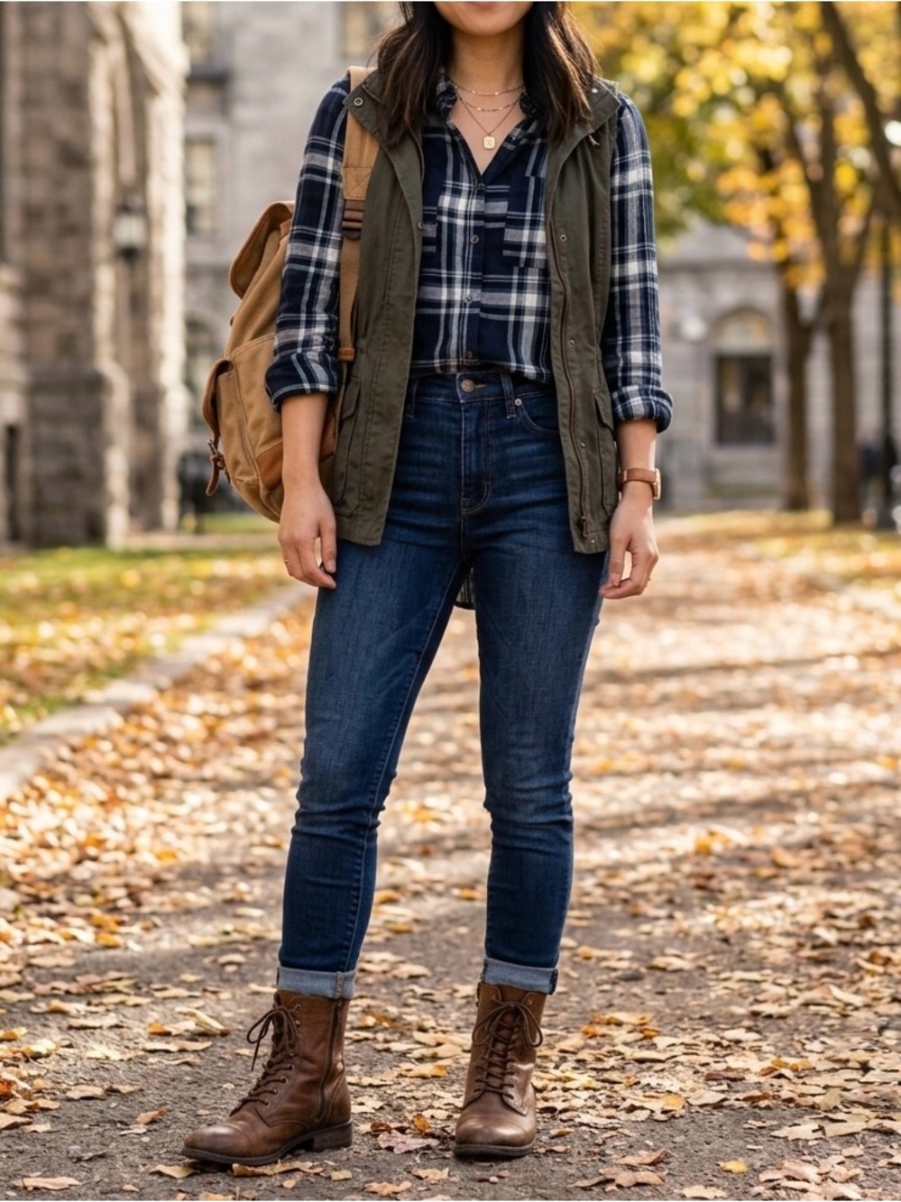 Kendall & Kylie Navy and White Plaid Button-Down Shirt